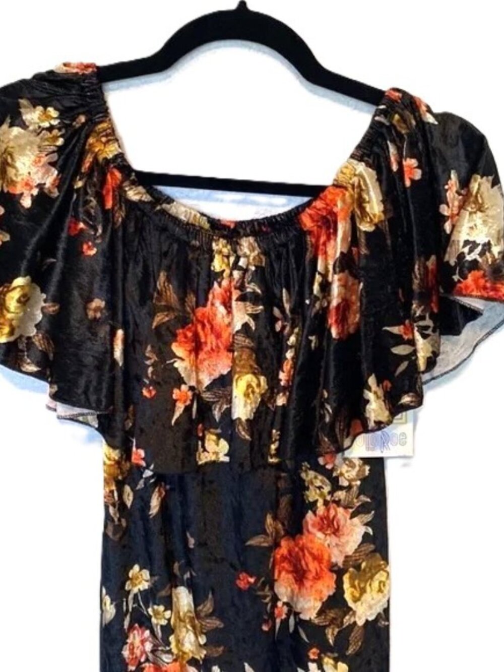 LuLaroe Cici Dress Medium Fishtail Midi Mermaid Ruffles Roses Velvet Boho - Picture 2 of 4